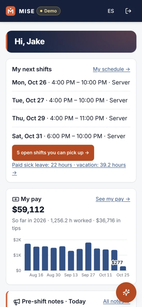 Staff phone view: upcoming shifts, open shifts to pick up, paid sick leave balance and pay so far this year